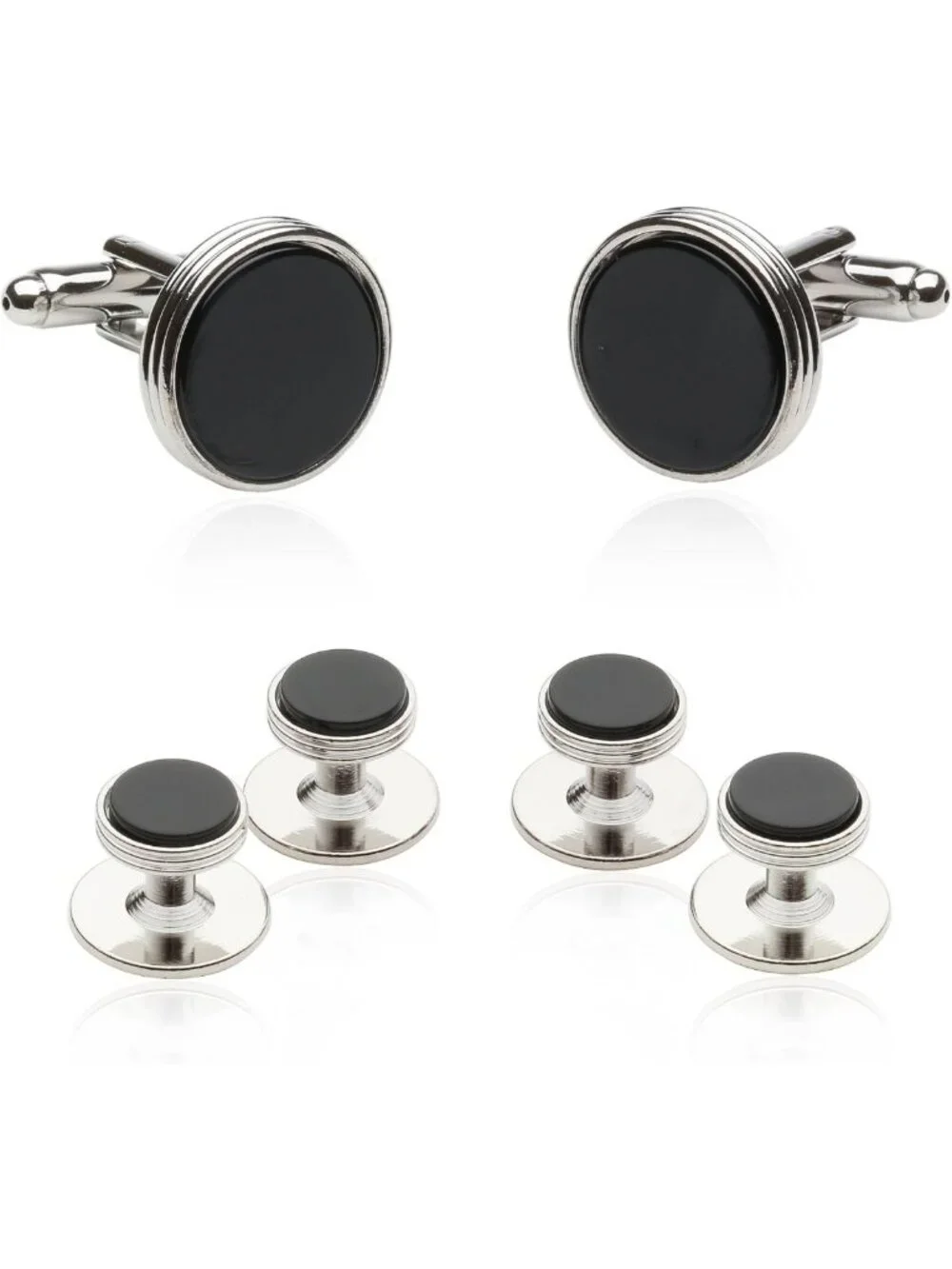 Elegant Black Onyx & Silver Tone Tuxedo Cufflinks & Studs Set - Formal Jewelry